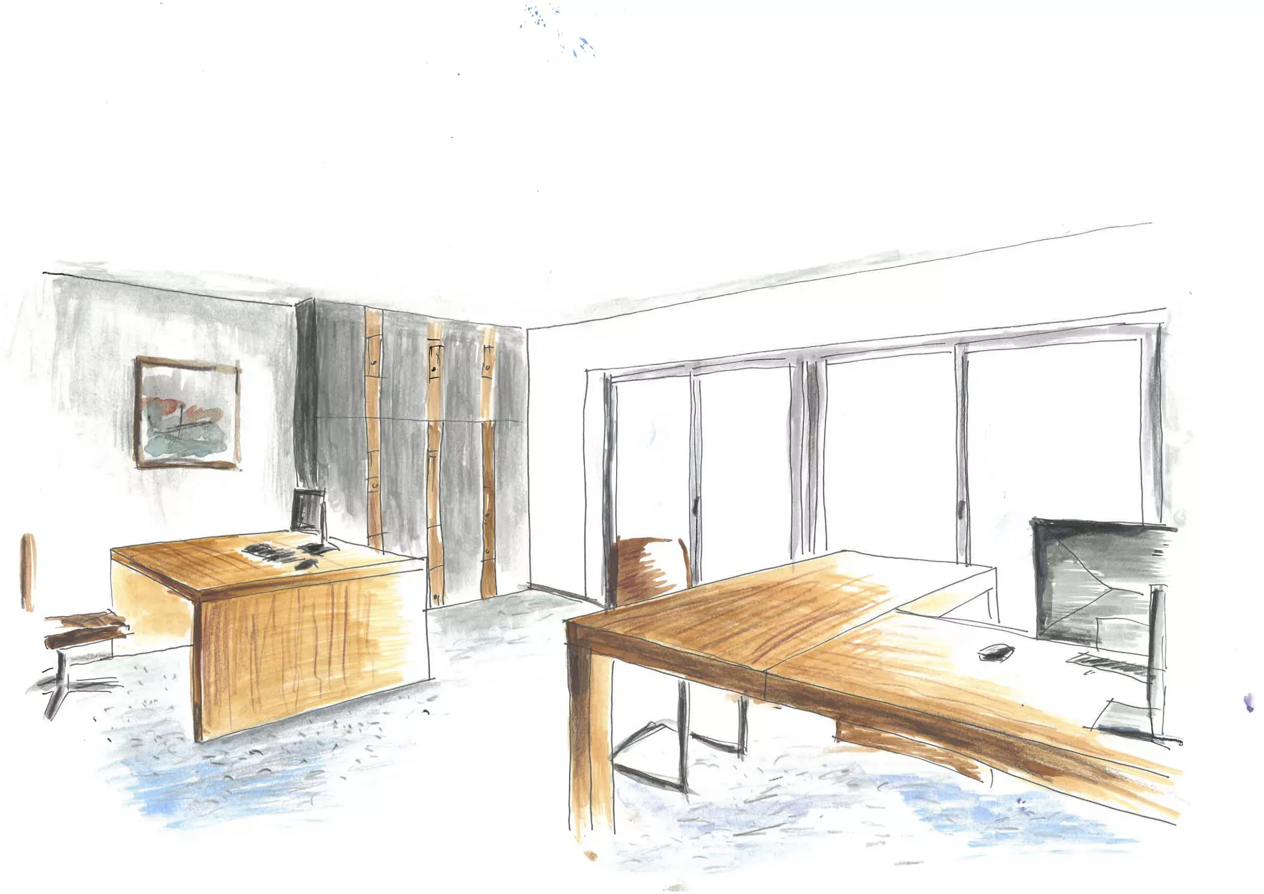 Aquarell-Skizze eines Innenraums mit Esstisch