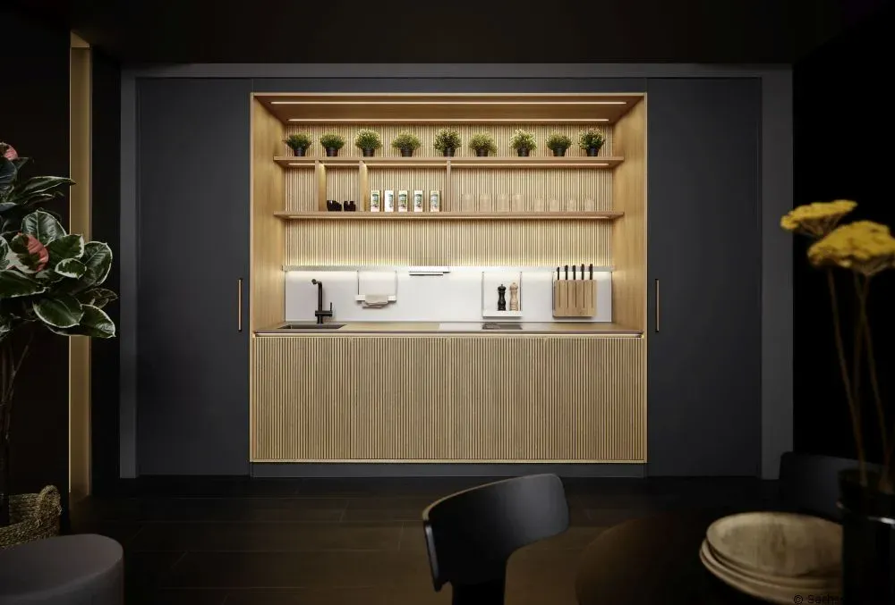 Beleuchtete Bar-Nische aus Eiche von Sachsenküchen